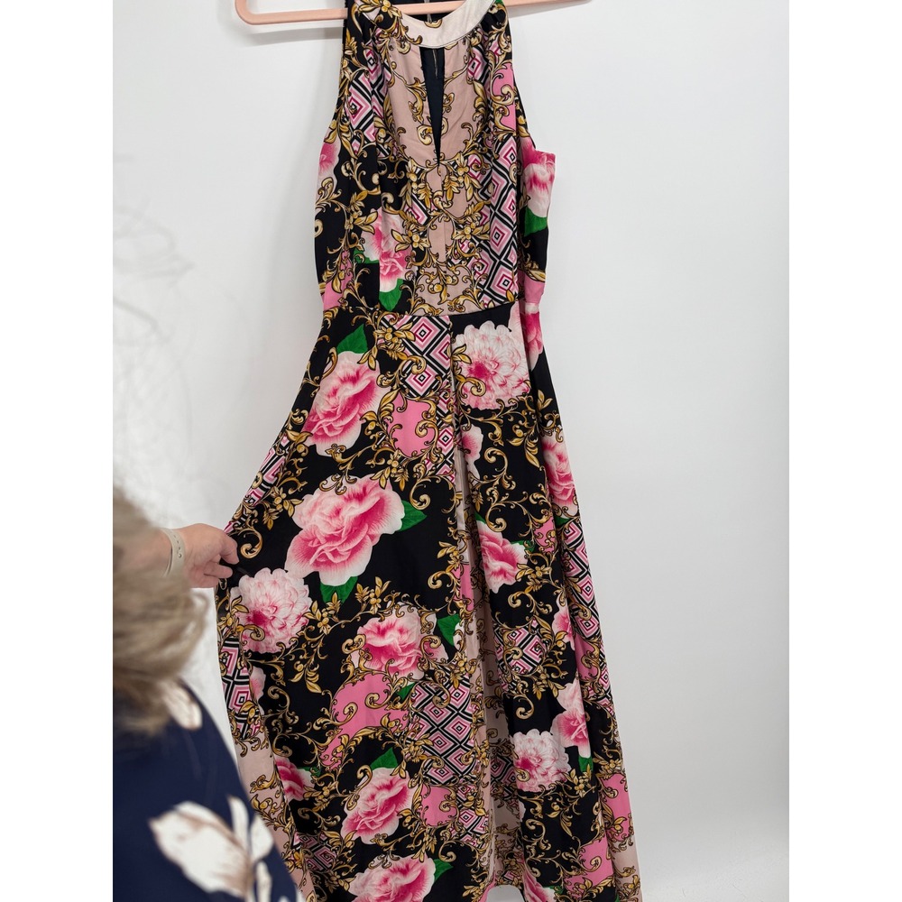 New York & Company Maxi Dress Women M Black Pink Floral Baroque Halter Stretch